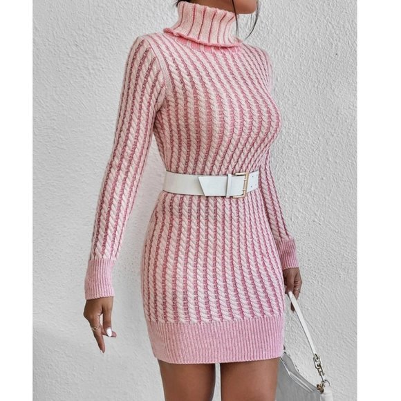 long sleeved Turtleneck Sweater Cable Knit Dress Pink - Picture 3 of 7